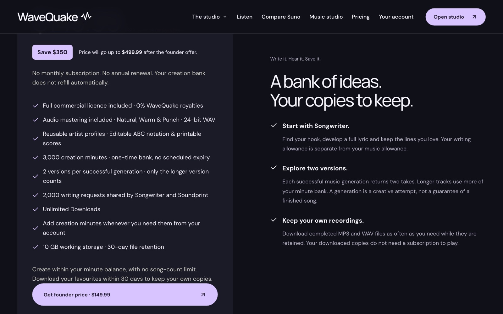 WaveQuake pricing card listing 3,000 creation minutes, unlimited downloads, writing requests, storage and retention