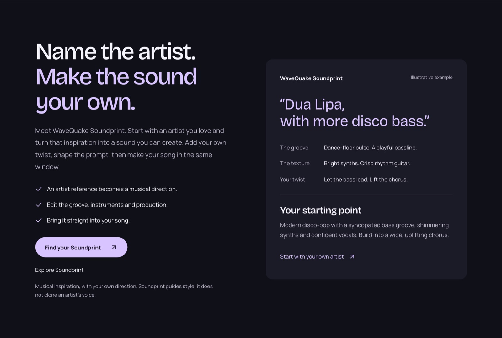 WaveQuake Soundprint section showing an artist reference turned into an editable musical direction