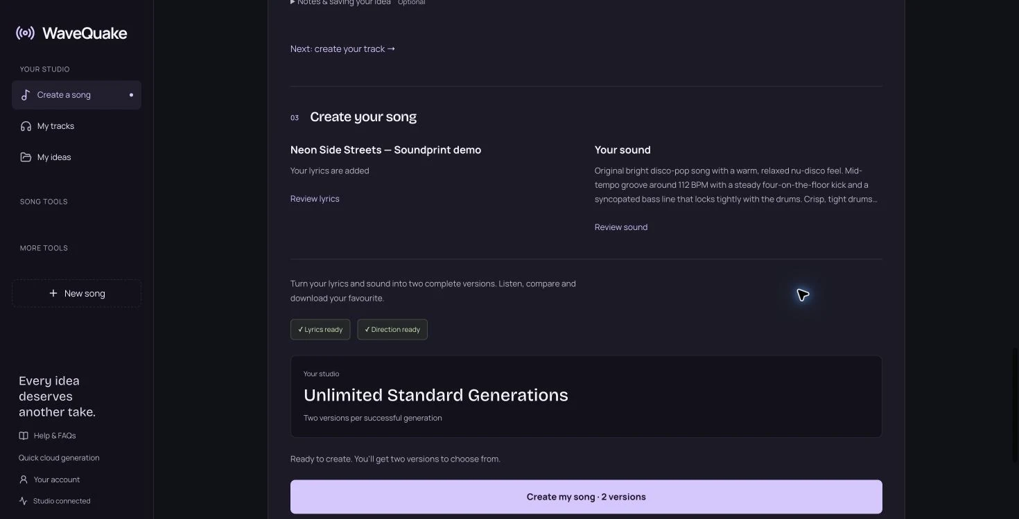 The actual review step before generation, showing the demo title, prepared lyrics, sound direction and two-version Create action.